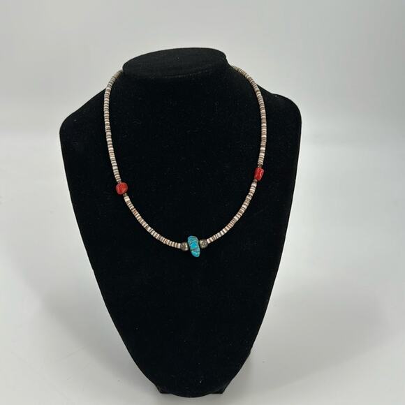 Vintage native made turquoise coral and shell beaded choker necklace - Picture 1 of 5